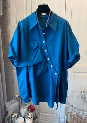 Natural Blue Asymmetrical Patchwork Wrinkled Pockets Shirt Short Sleeve