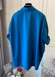 Natural Blue Asymmetrical Patchwork Wrinkled Pockets Shirt Short Sleeve