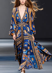 Natural Blue Cinched Print Chiffon Maxi Dresses Fall