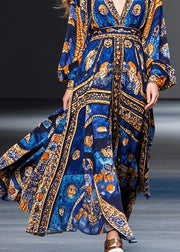 Natural Blue Cinched Print Chiffon Maxi Dresses Spring