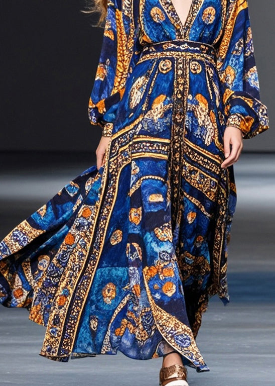 Natural Blue Cinched Print Chiffon Maxi Dresses Spring