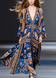 Natural Blue Cinched Print Chiffon Maxi Dresses Spring