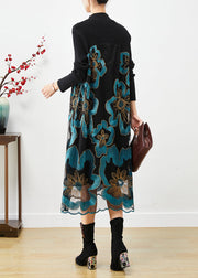 Natural Blue Embroidered Patchwork Knit Dress Fall