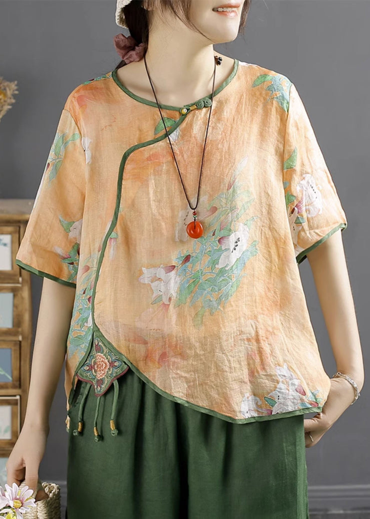 Natural Blue Embroidered Patchwork Print Linen Shirt Summer