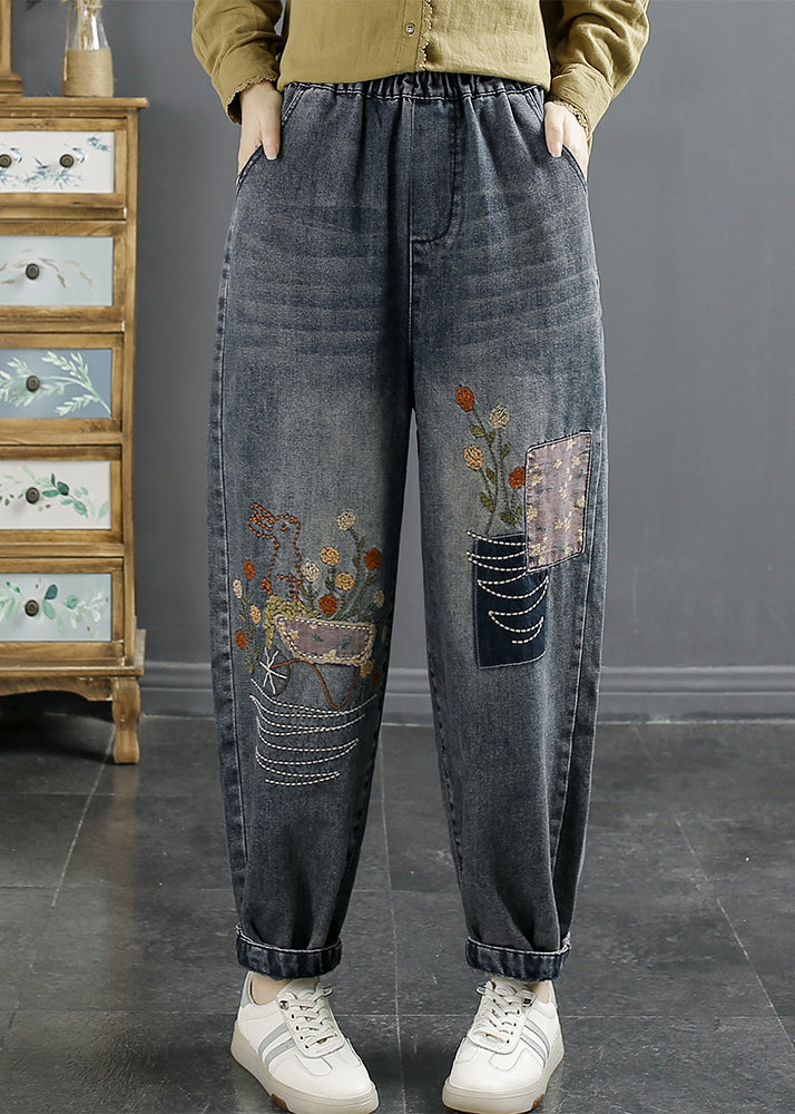 Natural Blue Embroidered Pockets Elastic Waist Denim Pants Fall