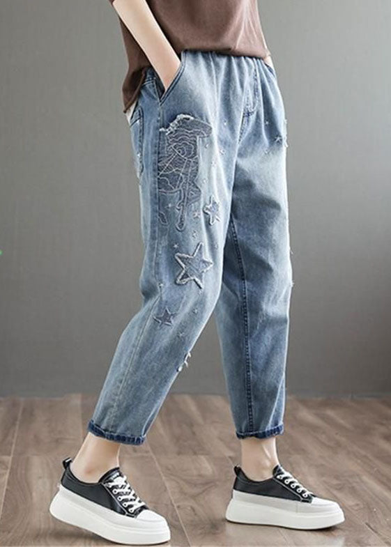 Natural Blue Embroideried Pockets Patchwork Denim Pants Summer