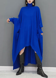 Natural Blue Hign Neck Low High Design Knitwear Dress Fall