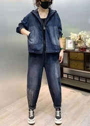 Natural Blue Hooded Patchwork Denim Two Pieces Set Fall