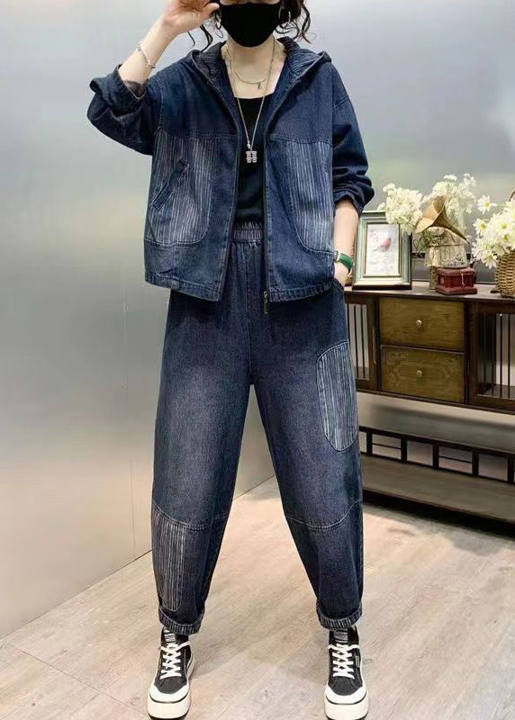 Natural Blue Hooded Patchwork Denim Two Pieces Set Fall