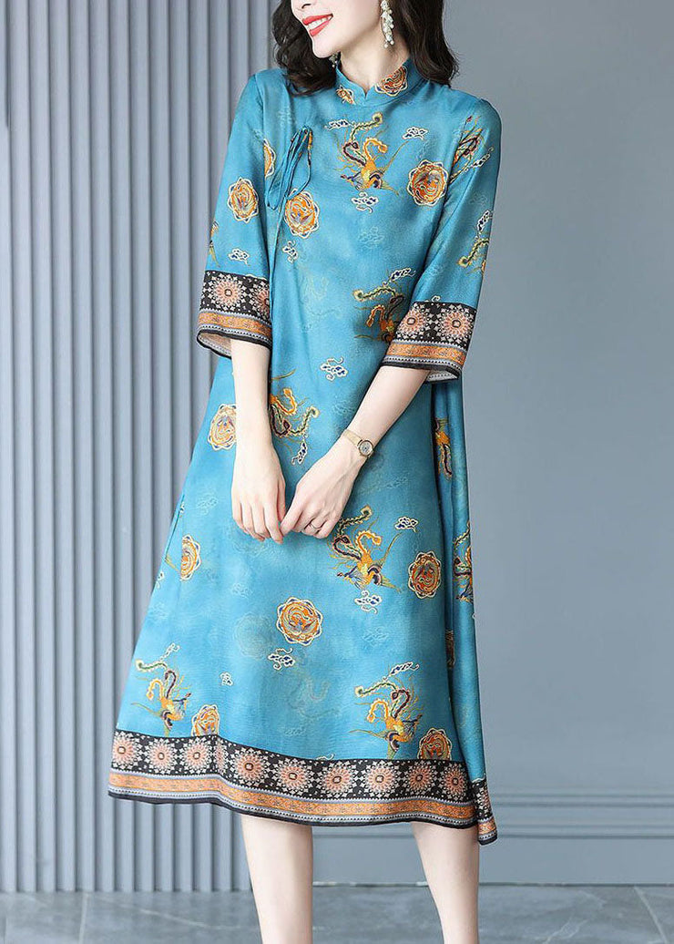 Natural Blue Mandarin Collar Print Silk Long Dress Bracelet Sleeve