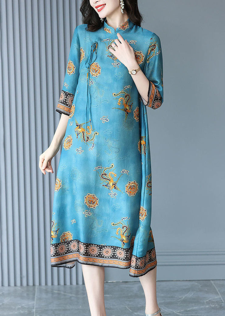 Natural Blue Mandarin Collar Print Silk Long Dress Bracelet Sleeve