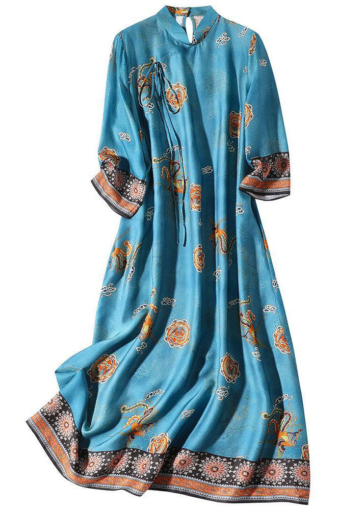 Natural Blue Mandarin Collar Print Silk Long Dress Bracelet Sleeve