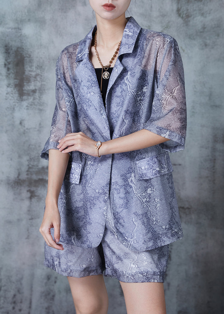 Natural Blue Notched Print Linen Two Piece Suit Set Summer