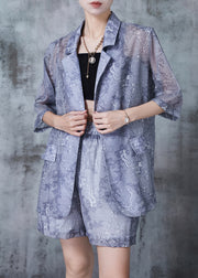 Natural Blue Notched Print Linen Two Piece Suit Set Summer