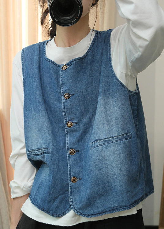 Natural Blue O Neck Button Denim Vest Sleeveless