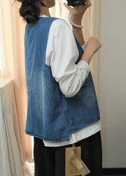 Natural Blue O Neck Button Denim Vest Sleeveless