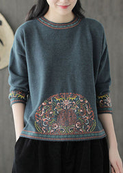 Natural Blue O Neck Patchwork Jacquard Knit Tops Spring