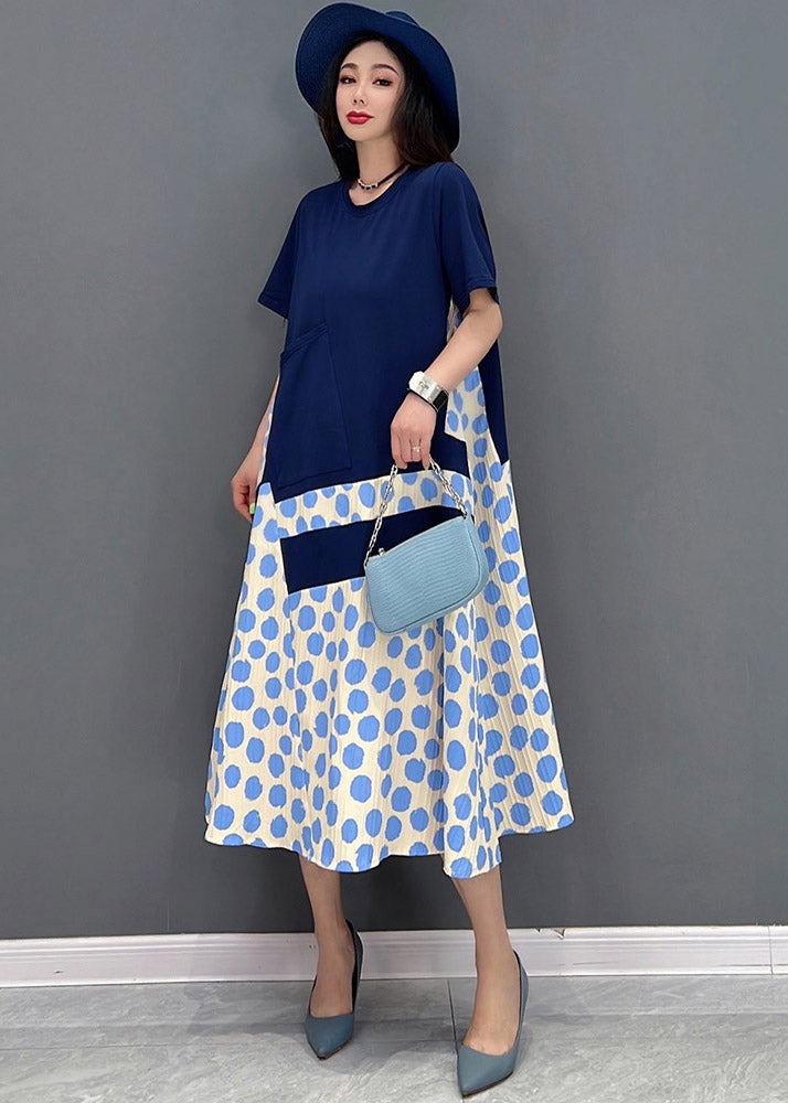 Natural Blue O-Neck Patchwork Long Dress Short Sleeve