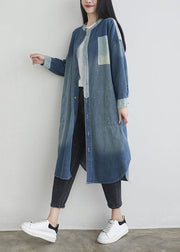 Natural Blue O Neck Pockets Patchwork Denim Outwear Spring