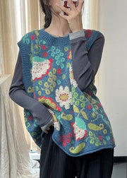 Natural Blue O Neck Print Cotton Knit Vest Sleeveless