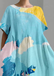 Natural Blue O-Neck Print Long Dress Short Sleeve