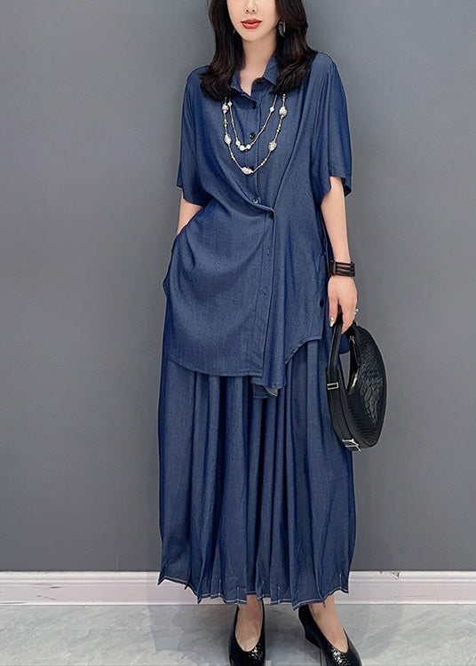 Natural Blue Peter Pan Collar Button Solid Shirts And Maxi Skirts Two Piece Set Summer