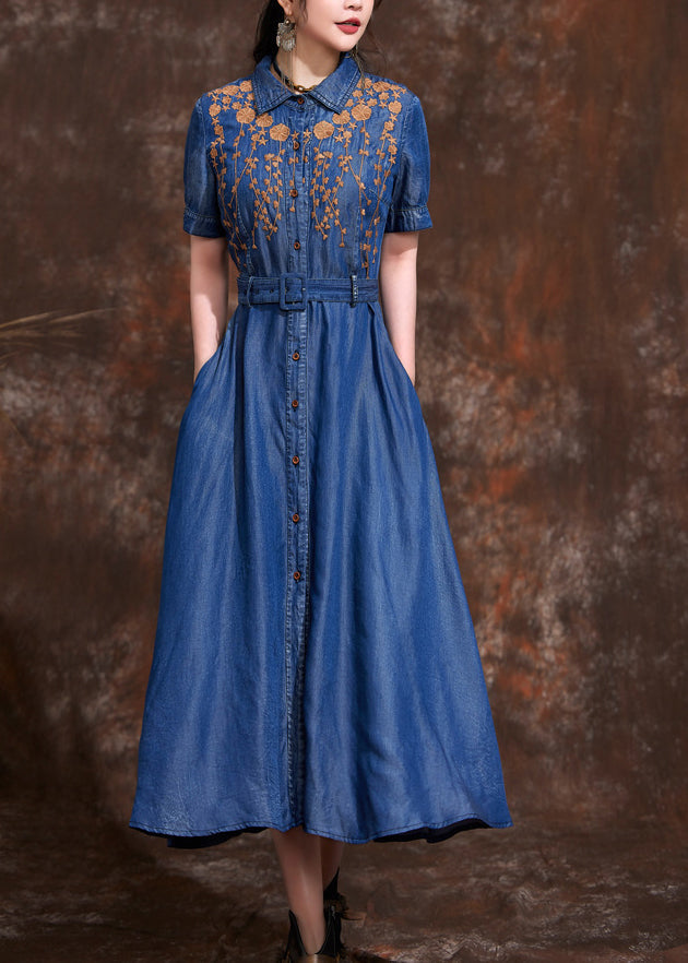 Natural Blue Peter Pan Collar Embroidered Slim Long Denim Dress Summer