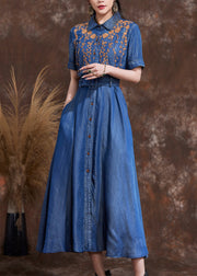 Natural Blue Peter Pan Collar Embroidered Slim Long Denim Dress Summer