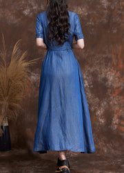 Natural Blue Peter Pan Collar Embroidered Slim Long Denim Dress Summer