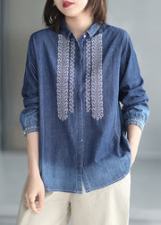 Natural Blue Peter Pan Collar Embroidered Patchwork Denim Shirt Long Sleeve