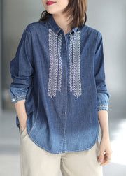 Natural Blue Peter Pan Collar Embroidered Patchwork Denim Shirt Long Sleeve