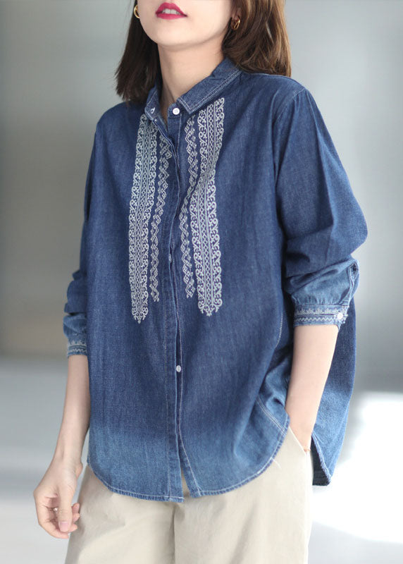 Natural Blue Peter Pan Collar Embroidered Patchwork Denim Shirt Long Sleeve