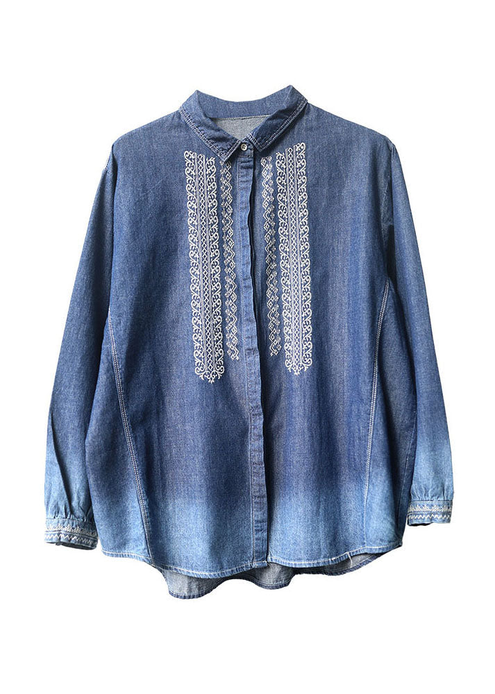 Natural Blue Peter Pan Collar Embroidered Patchwork Denim Shirt Long Sleeve