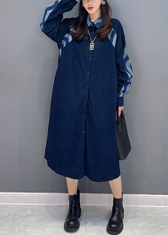 Natural Blue Peter Pan Collar Patchwork Denim Shirts Dresses Fall