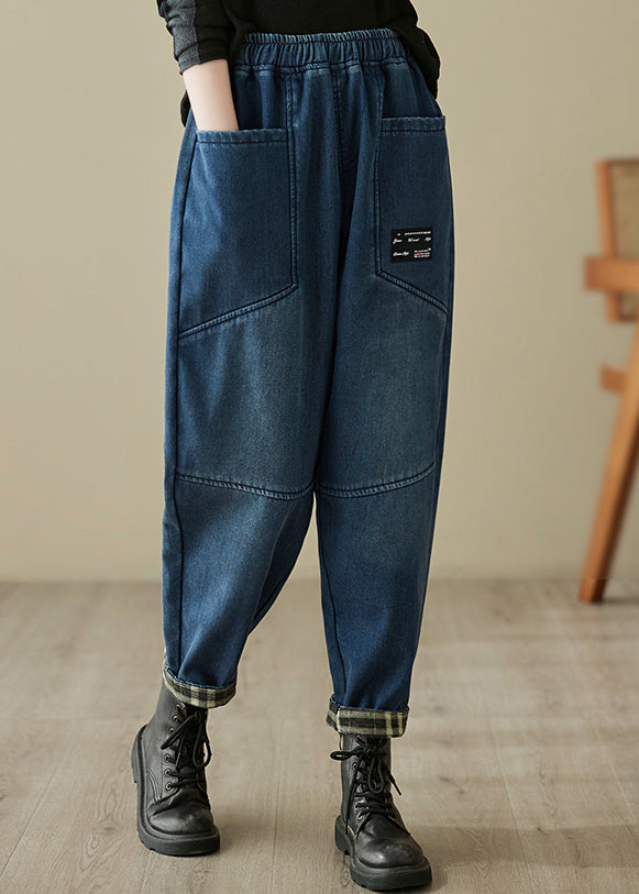 Natural Blue Pockets High Waist Warm Fleece Denim Harem Pants Winter