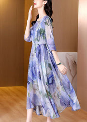 Natural Blue Print Exra Large Hem Silk Maxi Dresses Bracelet Sleeve