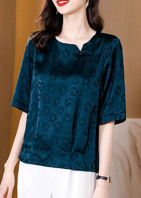 Natural Blue Print Patchwork Oriental Button Silk Tops Summer