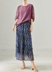 Natural Blue Ruffled Print Chiffon Skirt Spring