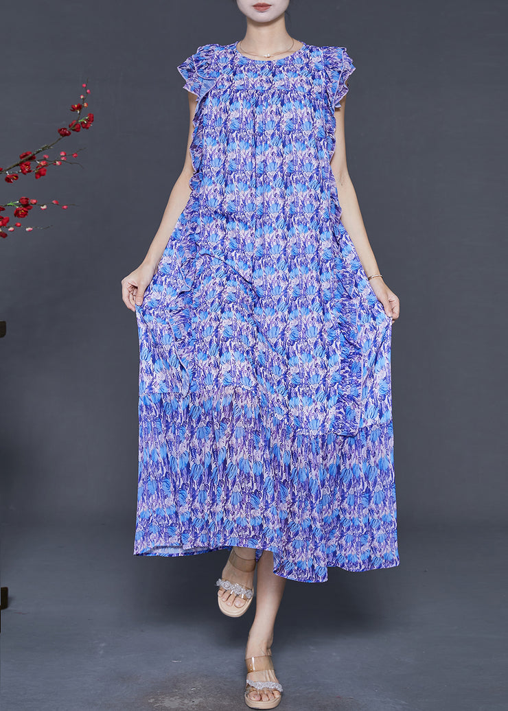 Natural Blue Ruffled Print Chiffon Vacation Dresses Sleeveless