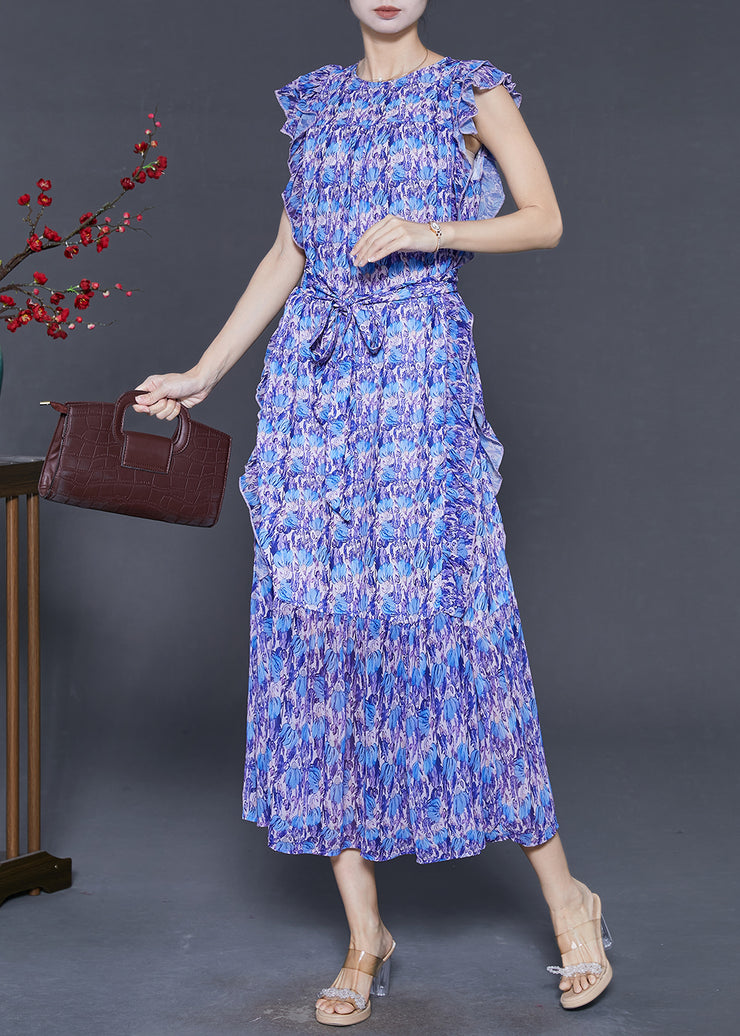 Natural Blue Ruffled Print Chiffon Vacation Dresses Sleeveless