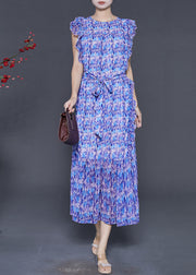 Natural Blue Ruffled Print Chiffon Vacation Dresses Sleeveless