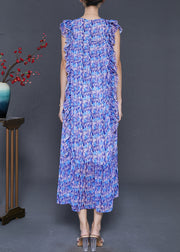 Natural Blue Ruffled Print Chiffon Vacation Dresses Sleeveless