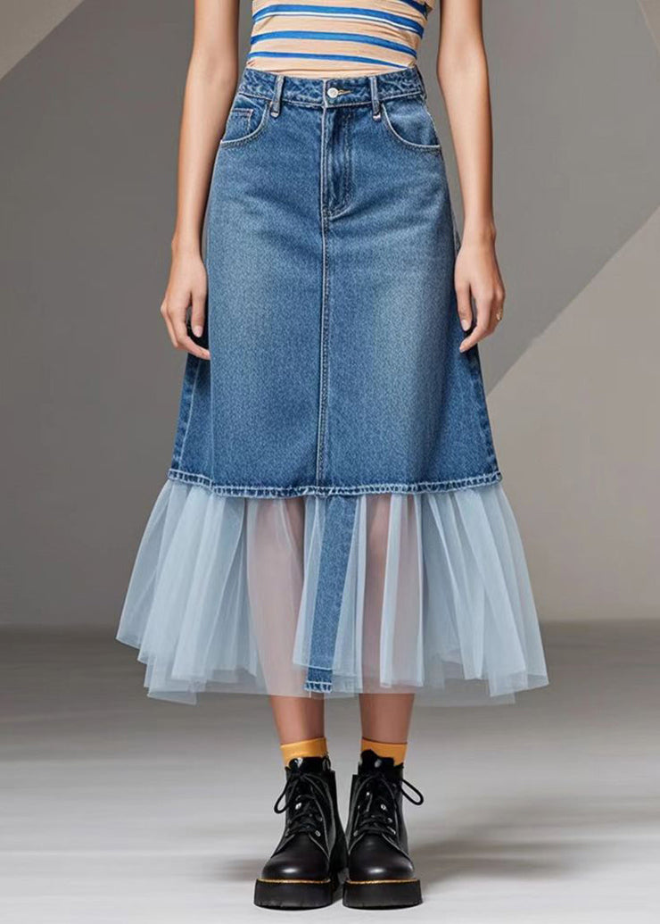 Natural Blue Silm Fit Patchwork Denim Tulle Skirt Spring