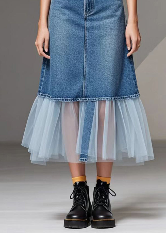 Natural Blue Silm Fit Patchwork Denim Tulle Skirt Spring