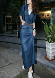 Natural Blue V Neck Button Pockets Patchwork Denim Long Dress Fall