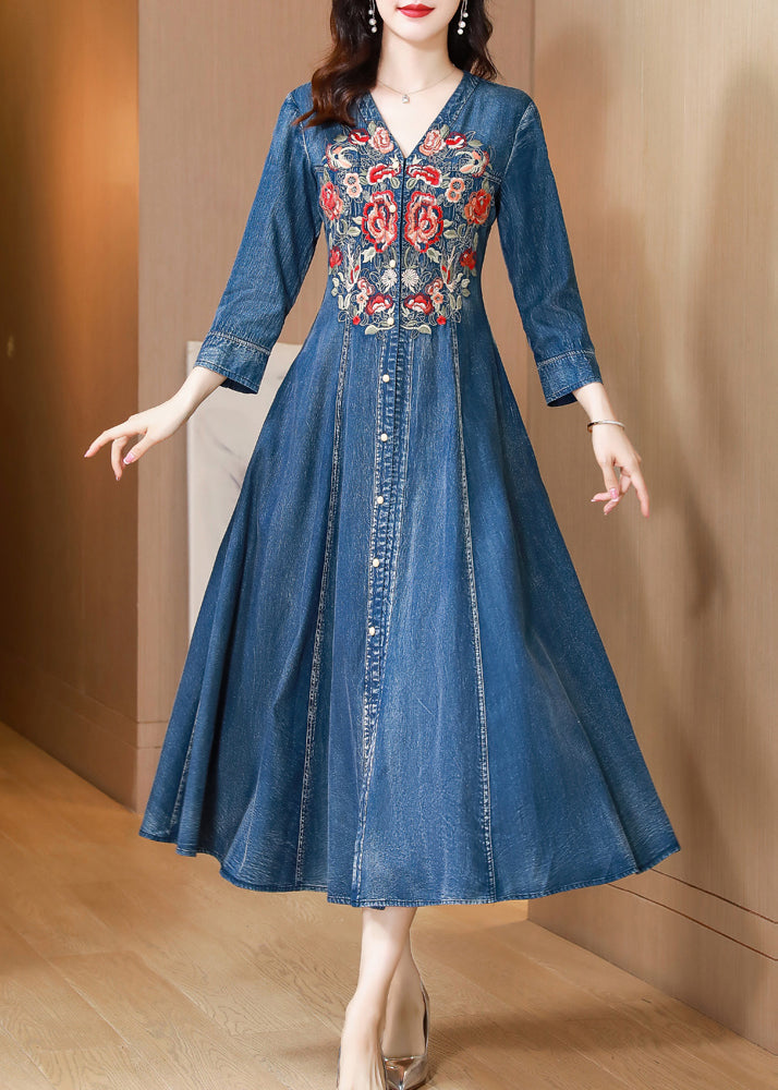 Natural Blue V Neck Embroidered Patchwork Denim Dress Long Sleeve