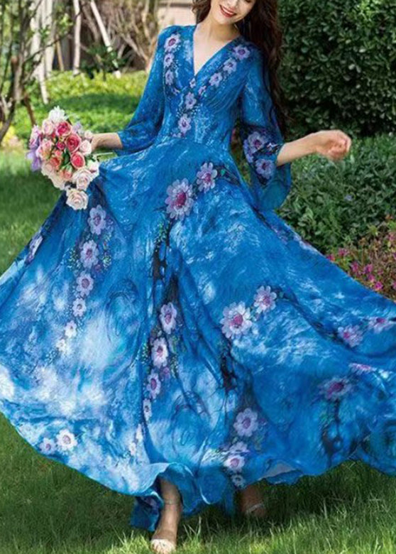 Natural Blue V Neck Print Chiffon Long Holiday Dress Long Sleeve