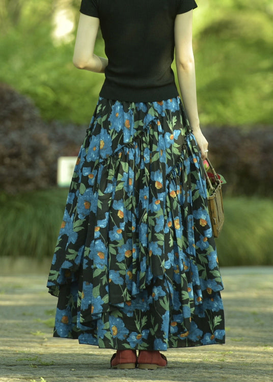 Natural Blue Wrinkled Asymmetrical Print Cotton Skirt Spring