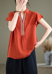 Natural Brick Red Embroidered Cotton Shirt Top Butterfly Sleeve