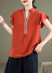 Natural Brick Red Embroidered Cotton Shirt Top Butterfly Sleeve